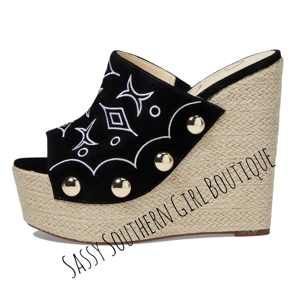 🆕⭐ Jessica Simpson suede black white embroidered wedges - Picture 3 of 15